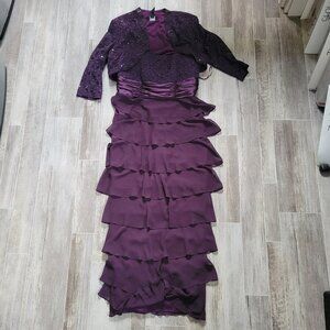 R&M Richards Formal Dress w/ Jacket Set, 14, Plum, Sequins Ruffle Wedding, EUC